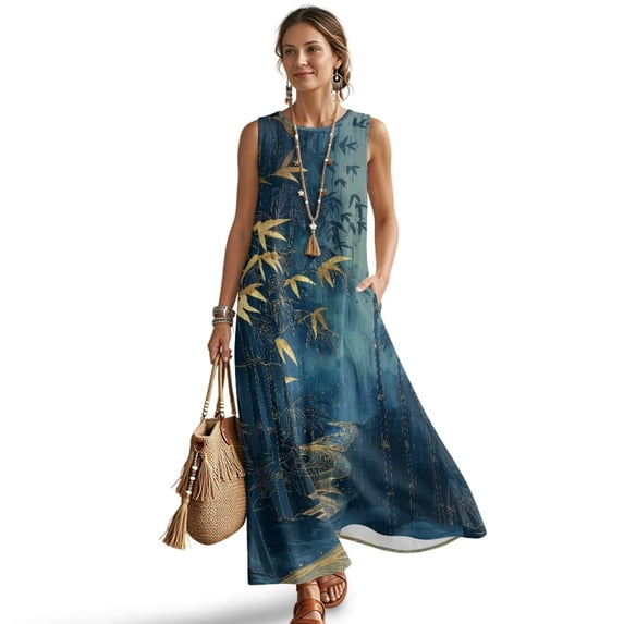 Jiueut Blue Ink Leaf Print Maxi Dresses for Women, Crewneck Sleeveless Maxi Dress for Women with Pockets, Linen Look Breathable Loose Fit Vacation Dress, S