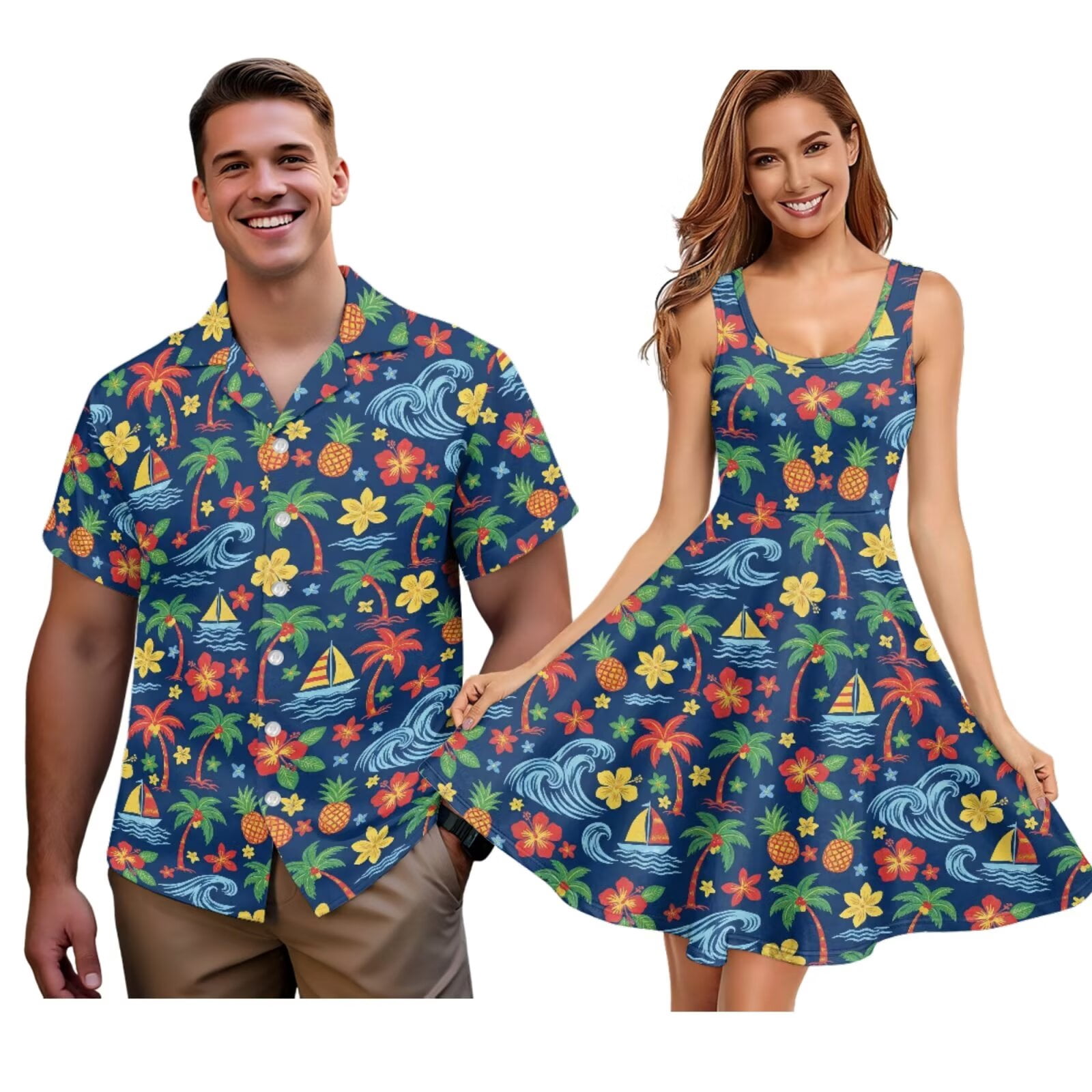 Jiueut Blue Pineapple Palm Tree Hibiscus Boat Pattern Matching Hawaiian ...