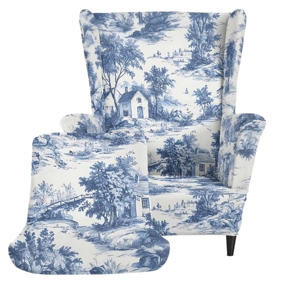 Jiueut Blue Toile De Jouy Boat House Print Wing Back Chair Cover with Arms 2 Piece Washable Wingback Chair Slipcover with Elastic Band Stretch Furniture Protector Couch Cover for Living Room Bedroom