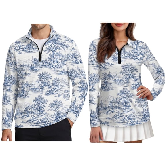 Jiueut Blue Toile De Jouy House Mountain Pattern Couples Matching Outfits Hawaiian Women Long Sleeve Golf Shirts Men Zip Up Polo Shirt Quick-Dry Beach Vacation Outfits, 4XL