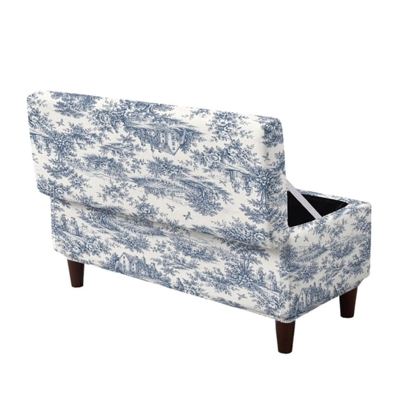 Jiueut Blue Toile De Jouy House Print Ottoman Slipcovers Stretch Rectangle Storage Footrest Stool Covers Ottoman Cover for Foot Stool Furniture Protector with Non Slip Elastic Bottom, Medium