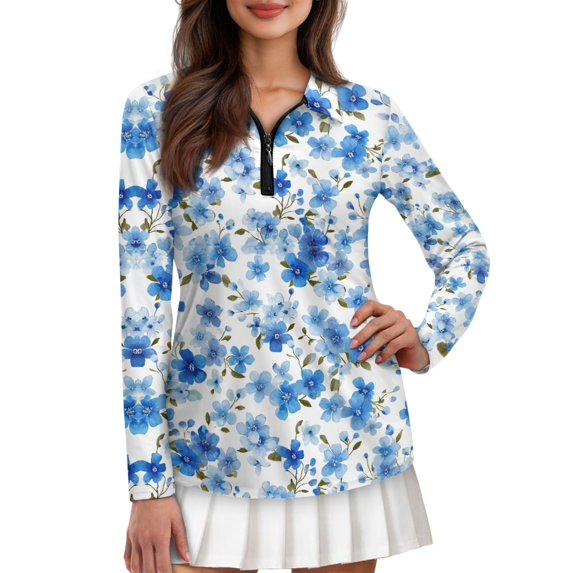 Jiueut Blue Watercolor Floral Pattern Half-Zip Tops for Women Fashionable Shirt Zip Up Sports Golf Apparel Fall Golf Shirts for Pilates, Size Small