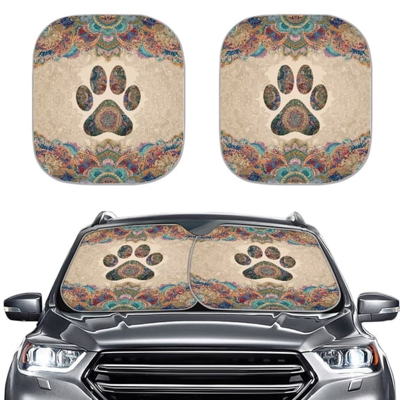 Jiueut Boho Mandala Floral Paw Print Windshield Sun Shade 2 PCS Car Sunshades Foldable UV Blocker Sun Heat Protector Universal Fit for Most SUVs and Sedans