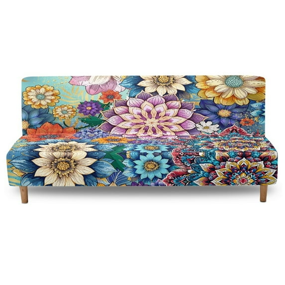 Jiueut Boho Mandala Print Armless Futon Sofa Cover, Comfortable Non Armrest Couch Chair Covers Anti-Slip Furniture Cover with Elastic Band