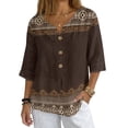 thumbnail image 1 of Jiueut Boho Tribal Print Womens Blouses Linen-Look Button Down Womens Tops Casual 3/4 Sleeve Outfits, 1 of 7