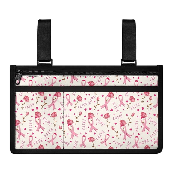 Jiueut Breast Cancer Wheelchair Side Bags for the Armrest Wheelchair Armrest Side Hanging Bag for Women Pink Ribbon Wheelchair Pouches with Pockets Wheelchair Storage Bag