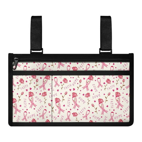 Jiueut Breast Cancer Wheelchair Side Bags for the Armrest Wheelchair Armrest Side Hanging Bag for Women Pink Ribbon Wheelchair Pouches with Pockets Wheelchair Storage Bag