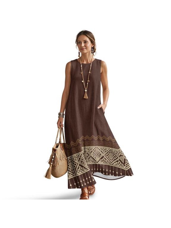 Brown Aztec Tribe Geometric Print Women's Maxi Dresses with Pockets Sleeveless Linen Look Crewneck Casual Summer Dresses for Women Beach Vacation Sleeveless Tank Dress, 2XL