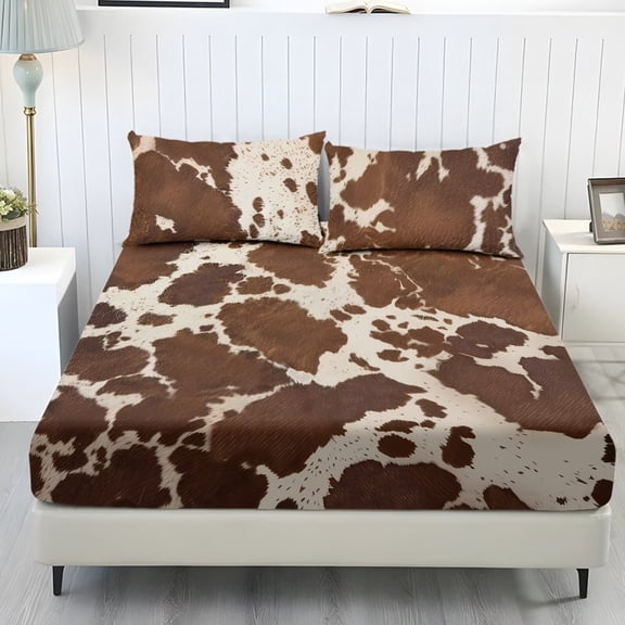 Jiueut Brown Cow Print Bed Sheet Set of 3, Washable Bedroom Sheet Set with 10" Deep Pocket Soft Comfortable Pillow Case for Women Men, King Size