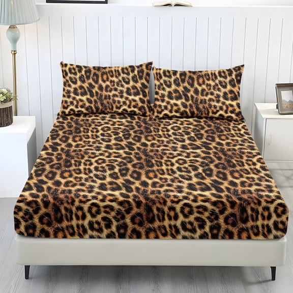 Jiueut Brown Leopard Print 3 PCS Bed Sheet Set, Comfortable Bedding Set with Fitted Sheet and 2 Pack Breathable Pillowcase Washable Bedroom Sheet Set, Twin Size