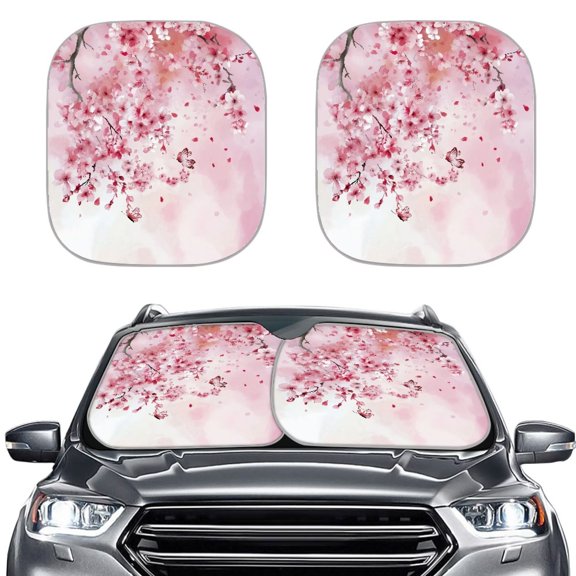 Jiueut Butterfly Cherry Blossom Print Foldable Car Windshield Sun Shade 2-Piece Sun Heat Blocker UV Rays Protector Universal Fit Vehicle Interior Accessories Summer