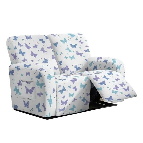Jiueut Butterfly Pattern Recliner Loveseat Slipcover, 6 Pieces Soft Reclining Chair Covers Stretchable Sofa Slipcover with Anti-Slip Straps