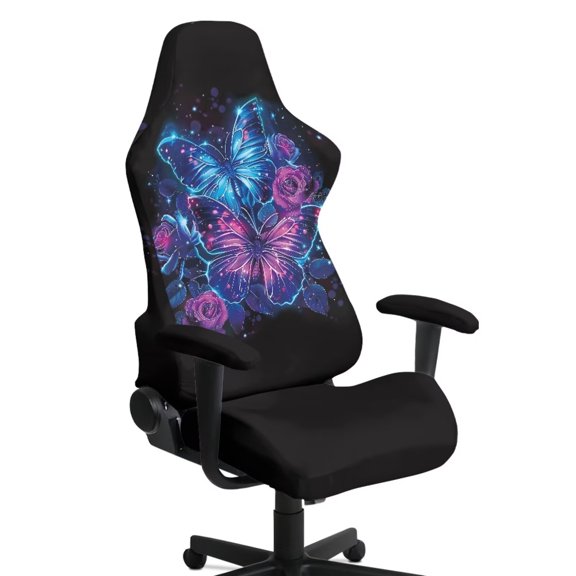 Jiueut Butterfly Rose Print Gaming Chair Cover with Armrest Cover, Anti Dust Computer Chairs Cover Universal Rotating Chair Slipcovers with Elastic Bottom for Home Studio