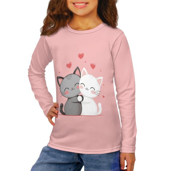 Jiueut Cartoon Cats Kids Tshirts 11-12 Years Long Sleeve Shirts Tees Shirts for Teen Girls Crewneck Sweatshirt Youth Casual Wear Sportswear Running Tops Pullover Sweater