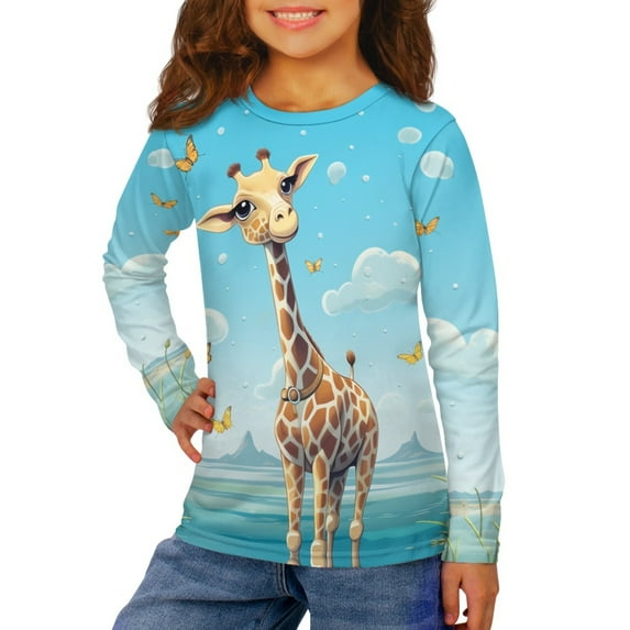 Jiueut Cartoon Giraffe Shirts for Girls 13-14 Years Old Toddler Girls Long Sleeve T-Shirts Crewneck Shirt for Girls Fall Outfits for Kids Girls Trendy Daily Clothes