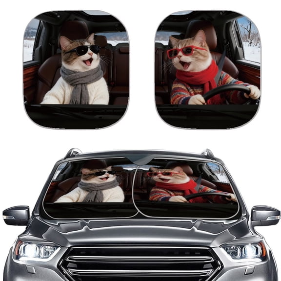 Jiueut Cat Driving Print Car Windshield Sun Shade 2 Pcs Sunshade Patriotic Easy to Install Foldable Automotive Interior Accessories for Sun Protection Sunshade Visor