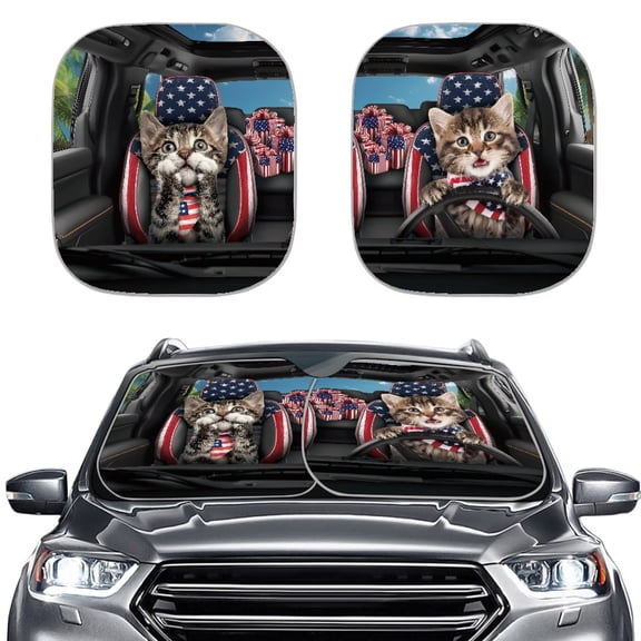 Jiueut Cat Flag Driving Print Car Windshield Sun Shade Foldable 28.5 x 25.5 Inches 2-Piece Sun Visor Reflect UV and Heat Protect Your Vehicle Interior