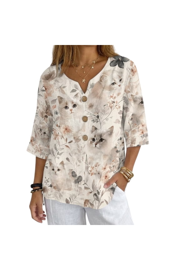 Cat Flower Pattern Womens Blouses 3/4 Length Sleeve Linen-Look Womens Tops V Neck Button Down Shirt