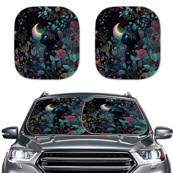 Jiueut Cat Moon Floral Print Front Windshield Sunshade Foldable 2-Piece Car Sunshades Reflect UV Sun and Heat Protect Auto Interior for Sedan Truck SUV
