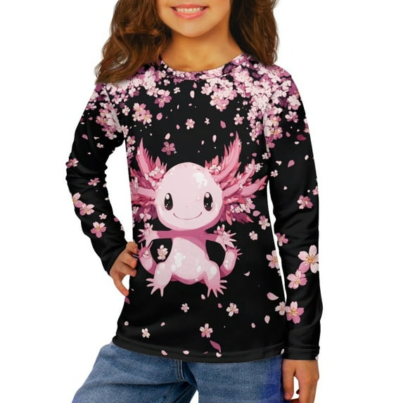 Jiueut Cherry Blossom Crewneck Sweatshirts for Girls Axolotl Long Sleeve Shirts T Shirts Trendy Pullover Tops for Kids Size 13-14 Clothing Preppy Sportswear Teens Sweater