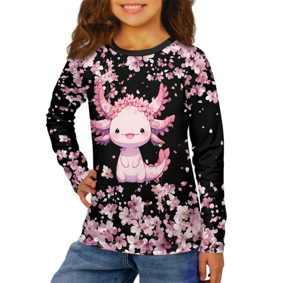 Jiueut Cherry Blossom Girls Long Sleeve Shirts Size 5-6 Kids Pink Axolotl T Shirt Cute Shirts for Teen Girls Crew Neck Top Casual Pullover Tops Warm Cozy Sweatshirt