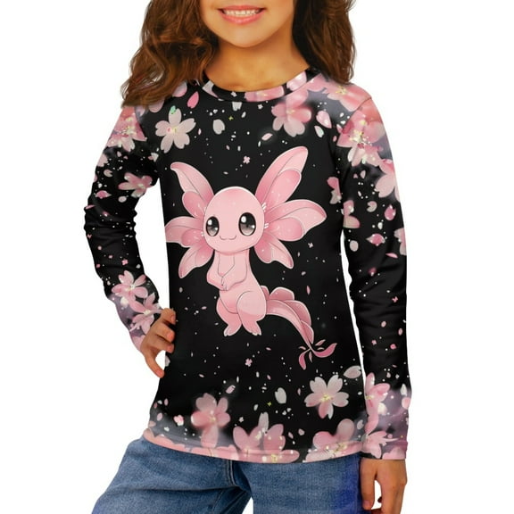 Jiueut Cherry Blossom Sweatshirts for Girls Axolotl Crewneck Pullover Tops for Kids Size 7-8 Teens Sweater Jumper Long Sleeve Shirts Autumn Clothing Sportswear Outfit