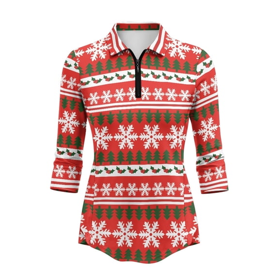 Jiueut Christmas Tree Snowflake Pattern Tennis Shirt, Quarter Zip Fashionable Women's Golf Polo Shirts Soft Athletic Tops, Size X-Large