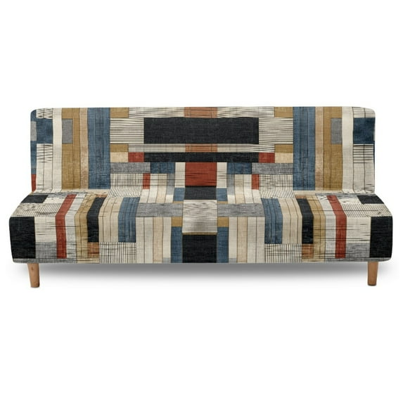 Jiueut Colorful Checkered Print Armless Futon Sofa Slipcover, Washable Furniture Protector Stretch Sofa Chair Covers without Armrest Modern Decoration