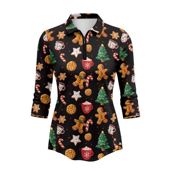 Jiueut Cookie Candy Pattern Tennis Shirt Quarter Zip with Quick Dry Breathable Tennis Tops for Workout Outing Golf Outdoor Use, Size Small