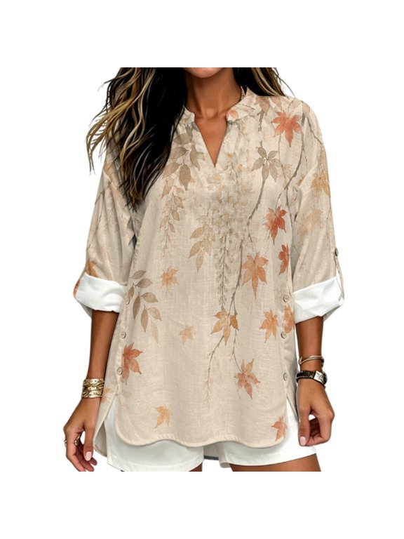 Cotton Linen Women's Blouse Maple Leaf Print Notch Casual Long Sleeve Womens Tops for Summer Vacation Beach, Size X-Large