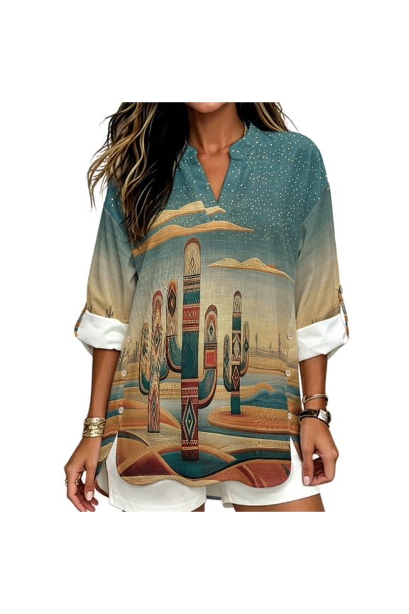 Cotton Linen Women's Long Sleeve Tops Cactus Desert Print Curved Hem Beach Tops Comfy Lightweight Casual Loose Fit Blouses for Work, Size Medium