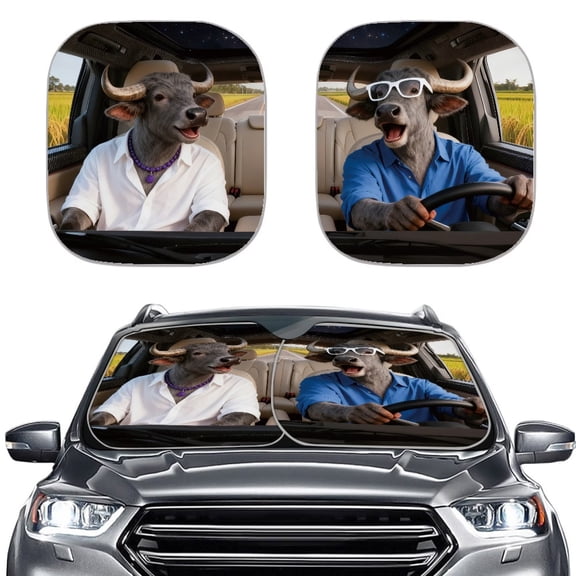 Jiueut Cow Driving Print Windshield Sun Shade 2pcs Foldable Car Sunshade for Front Window Shades Reflect UV and Heat Sun Visor Accessories Interior Universal Sunshade