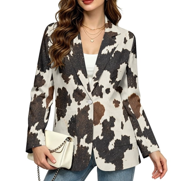 Jiueut Cow Print Pattern Women Business Casual Blazer, Button Front Blazer Suit Jacket Suit Cloth Blazers with Front Lined with Pockets for Office, Size XX-Large