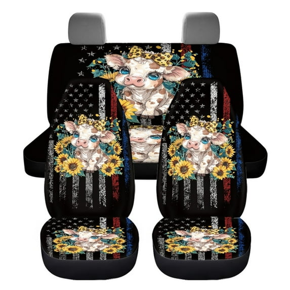 Jiueut Cow Sunflower American Flag Print Car Seat Covers Full Set, Non Fading Vehicle Front and Rear Seat Protectors Universal Seat Covers Elastic Interior Covers for Cars, SUV, Sedan, Van, Trucks