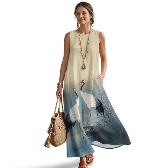 Jiueut Crane Bird Print Summer Maxi Dress Women, Sleeveless Tank Dress, Linen Look Long Dresses with Pockets, Loose Casual Flowy Beach Vacation Outfit, M
