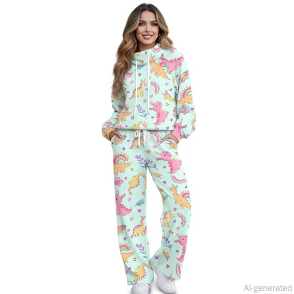 Jiueut Cute Cartoon Dinosaur & Rainbow Pattern Womens 2 Piece Outfits Tracksuit Sweatsuit Set Loose with Stylish Lounge Set Double Sided Cloth Athleisure Set for Autumn, Size X-Large