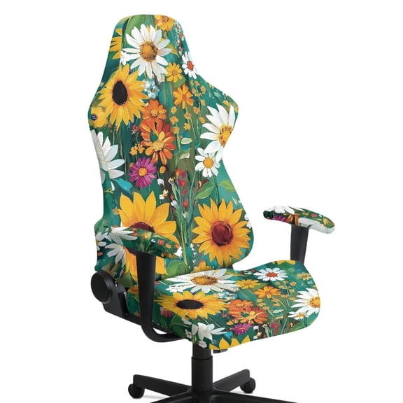 Jiueut Daisy Sunflower Oil Painting Print Gaming Chair Cover with Armrest Cover, Thick Computer Chair Protector with Stretchy Bottom Non Slip Rotating Chair Slipcover for Home Studio