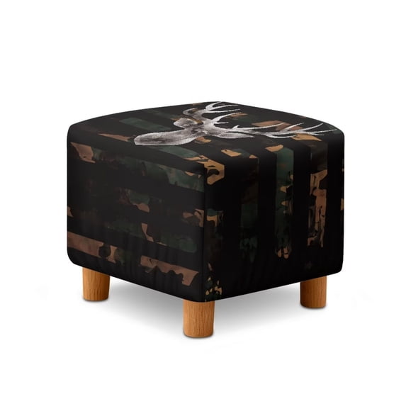Jiueut Deer American Flag Green Camo Print Ottoman Cover, Comfortable Foot Stool Sofa Slipcovers Washable Covers for Cube Footrest Stool with Elastic Bottom