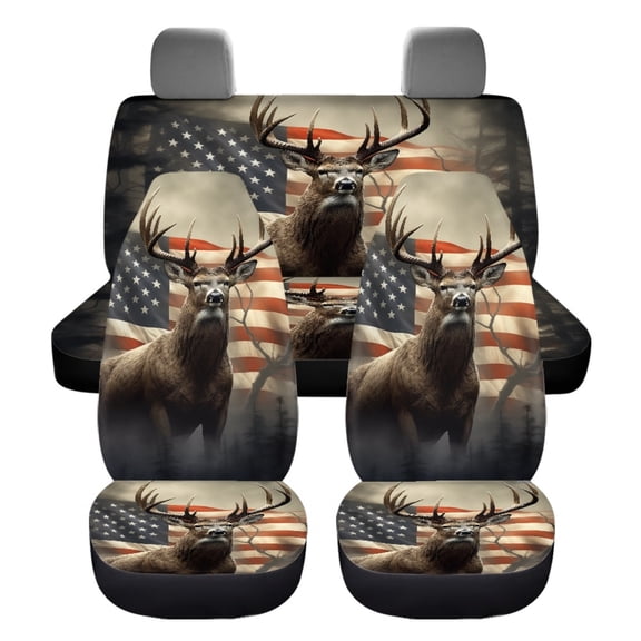 Jiueut Deer American Flag Pattern Front and Rear Seat Covers, 5 Seats Easy to Clean Auto Seat Covers Anti Slip Car Accessories Elastic Backing Vehicle Seat Protector Front & Split Rear Bench for Car