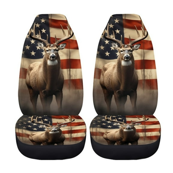 Jiueut Deer American Flag Print Car Seat Covers, 2 Pieces Bucket Seat Covers Stretchy Auto Front Seat Covers Washable Vehicle Accessories for Auto Trucks Van SUV