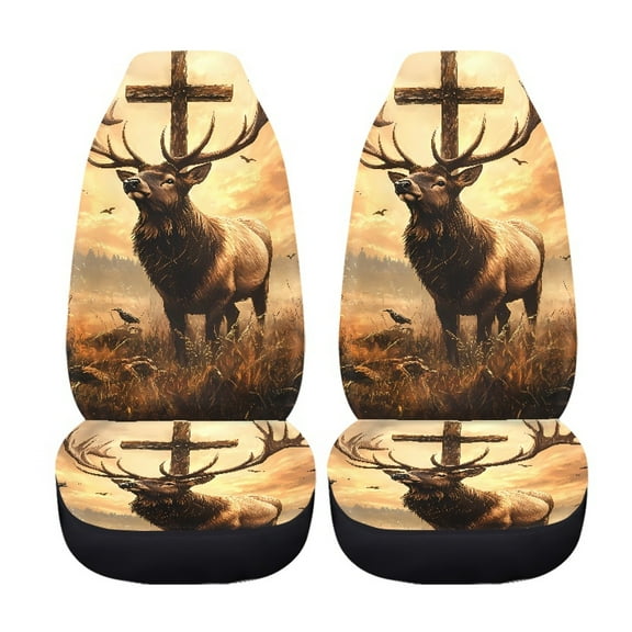 Jiueut Deer Cross Print 2 Pack Car Seat Covers, Wear-Resistant Automotive Seat Cushion Anti-slip Vehicles Interior Covers Fit for Vans Suv Truck
