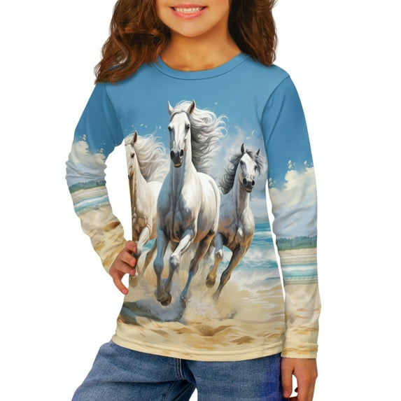 Jiueut Desert Horses Shirts for Girls Kids Long Sleeve Shirts Graphic Tees Size 5-6 Tween Girls Trendy Clothes Tween Girls Trendy Clothes Winter Bottom Top Layering