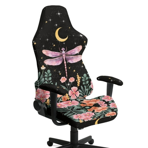 Jiueut Dragonfly Flower Moon Pattern Gaming Chair Cover with Armrest Cover, Wear Resistant Computer Desk Chair Cover Stretchable Rotating Chair Seat Protector with Elastic Bottom