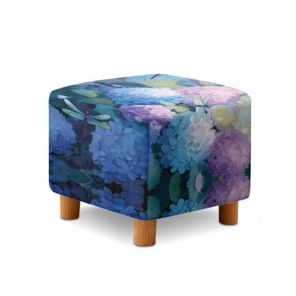 Jiueut Dragonfly Hydrangea Print Ottoman Cover Square, Stretch Thick Ottoman Slipcover Washable Storage Ottoman Cover Foot Stool Cover with Elastic Bottom for Living Room