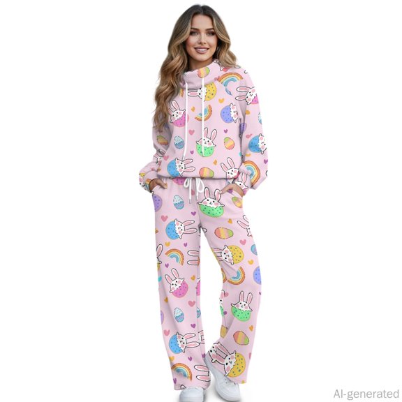 Jiueut Easter Egg Bunny Pattern Soft Women's 2 Piece Lounge Set, Loose High Neck Double Sided Cloth Ladies Relax Outfit Tracksuit for Indoor Outdoor, Size Medium