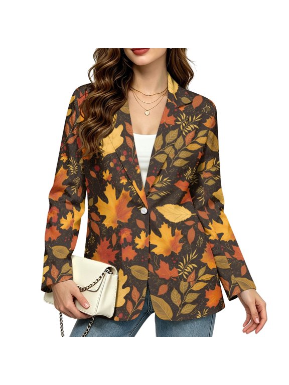 Fall Leaves Mix Blazers, One Button Open Front Women's Suit Jacket Notched Lapel Blazer Jacket for Travel Work Party, Size X-Large