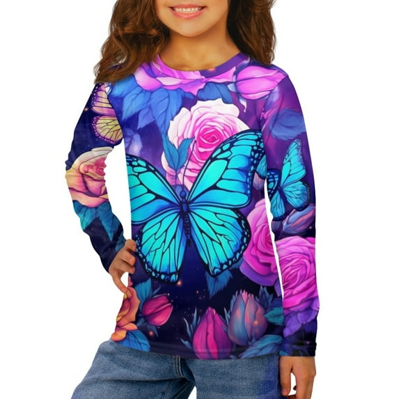 Jiueut Floral Butterfly Girls Long Sleeve Shirts for Kids Girls Graphic Tees Soft Shirt for Girls 15-16 Basic Long Sleeve Shirts for Teen Girls Lightweight Sweatshirts