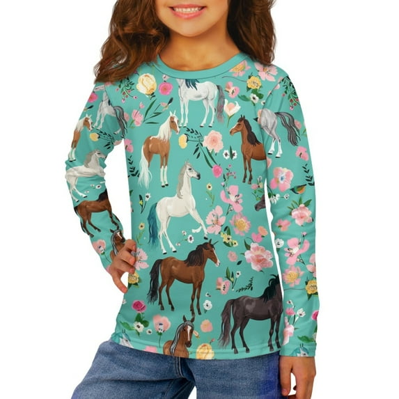 Jiueut Flower Horse Sweatshirts for Kids Trendy Long Sleeve Shirts Crewneck Pullover Tops for Teen Girls Cute Clothes T Shirts Size 3-4 Years Autumn Preppy
