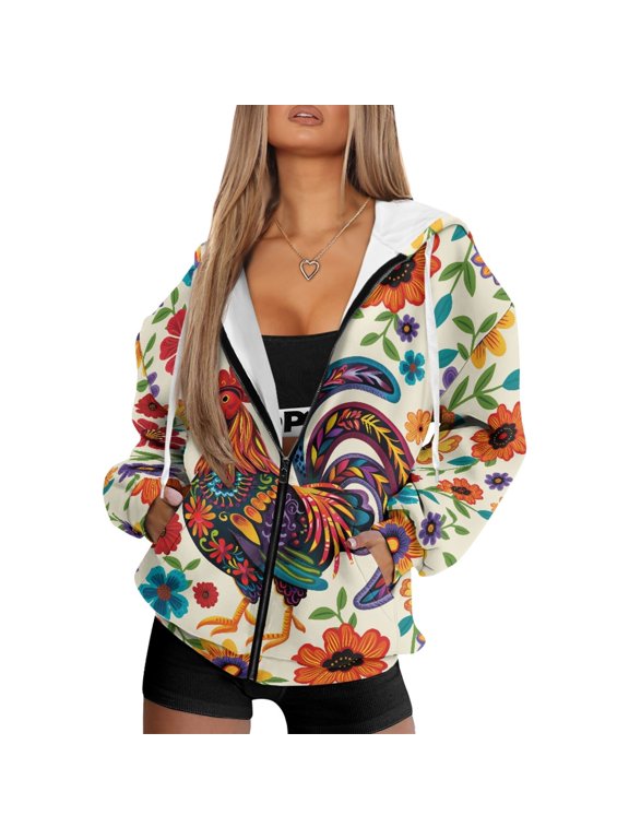 Folk Rooster Floral Print Breathable Zip Up Hoodie for Women Long Sleeve Loose Fit Casual Outerwear with Pockets for Daily Wear, Travel, Outdoor Activities, 3XL
