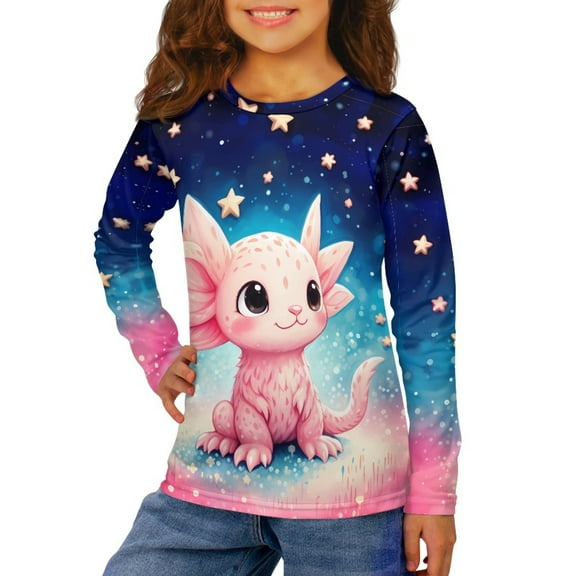Jiueut Galaxy Axolotl Kids Tee Shirts for Girls Size 7-8 Y Girls Basic Tee Shirts for Camping Crew Neck Shirts for Teen Girls Long Sleeve Fall Tops for Boys Athletic Sweatshirts